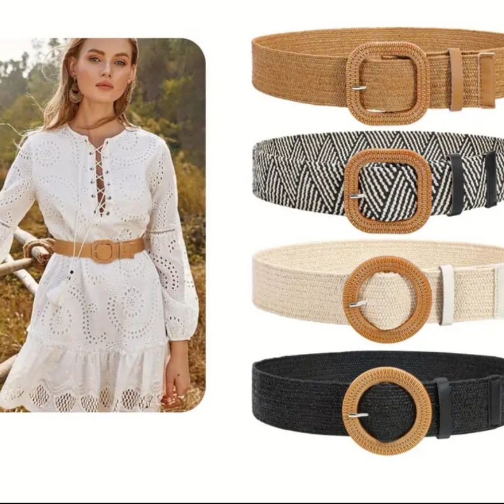 2Pcs Buckle Braided Straw Belts